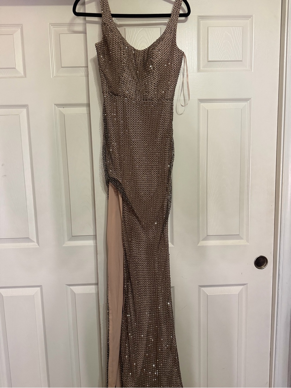 Rhinestone Taupe Dress with Side Slit